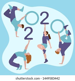 Happy new year. Vector illustration with 2020 year numbers and dancing people. Street modern dance. New Year's Eve Party. Design for banner, poster or print.
