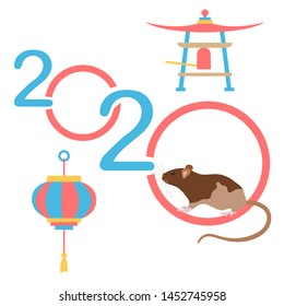 Happy new year. Vector illustration with 2020 year numbers and rat. Rat zodiac sign, symbol of 2020 on the Chinese calendar. Year of the rat. Chinese horoscope. Asian elements for New Year's design.