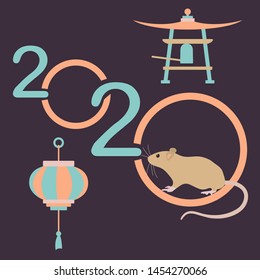 Happy new year. Vector illustration with 2020 year numbers and rat. Rat zodiac sign, symbol of 2020 on the Chinese calendar. Year of the rat. Chinese horoscope. Asian elements for New Year's design.