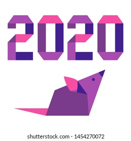 Happy new year. Vector illustration with origami 2020 year numbers and rat. Rat zodiac sign, symbol of 2020 on the Chinese calendar. Year of the rat. Chinese horoscope.