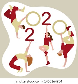 Happy new year. Vector illustration with 2020 year numbers and dancing people. Street modern dance. New Year's Eve Party. Design for banner, poster or print.