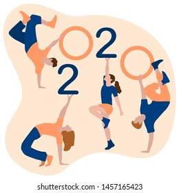 Happy new year. Vector illustration with 2020 year numbers and dancing people. Street modern dance. New Year's Eve Party. Design for banner, poster or print.