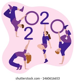 Happy new year. Vector illustration with 2020 year numbers and dancing people. Street modern dance. New Year's Eve Party. Design for banner, poster or print.