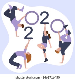 Happy new year. Vector illustration with 2020 year numbers and dancing people. Street modern dance. New Year's Eve Party. Design for banner, poster or print.
