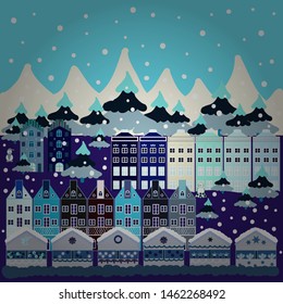 Happy new year. Vector illustration. Christmas illustration on neutral, blue and violet colors. Merry christmas card with house.