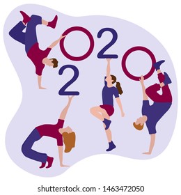 Happy new year. Vector illustration with 2020 year numbers and dancing people. Street modern dance. New Year's Eve Party. Design for banner, poster or print.