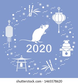 Happy new year. Vector illustration with 2020 year numbers, rat, lanterns, bell, mochi, bamboo, orange. Rat zodiac sign, symbol of 2020 on the Chinese calendar. Year of the rat. Chinese horoscope.