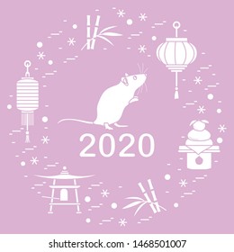 Happy new year. Vector illustration with 2020 year numbers, rat, lanterns, bell, mochi, bamboo, orange. Rat zodiac sign, symbol of 2020 on the Chinese calendar. Year of the rat. Chinese horoscope.