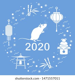 Happy new year. Vector illustration with 2020 year numbers, rat, lanterns, bell, mochi, bamboo, orange. Rat zodiac sign, symbol of 2020 on the Chinese calendar. Year of the rat. Chinese horoscope.