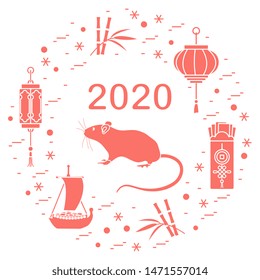Happy new year. Vector illustration with 2020 year numbers, rat, lanterns, envelopes of money, bamboo, treasure ship, coin for luck. Rat zodiac sign, symbol of 2020 new year. Year of the rat, mouse
