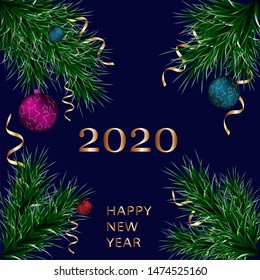 Happy New Year. Vector illustration. On a dark blue background. Branches ate and Christmas balls. 2020 numbers in the middle. Vector graphics. Greeting card, banner.