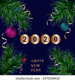 Happy New Year. Vector illustration. On a dark blue background. Branches ate and Christmas balls. 2020 numbers in the middle. Vector graphics. Greeting card, banner.