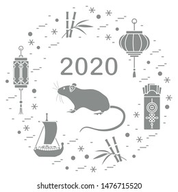 Happy new year. Vector illustration with 2020 year numbers, rat, lanterns, envelopes of money, bamboo, treasure ship, coin for luck. Rat zodiac sign, symbol of 2020 new year. Year of the rat, mouse