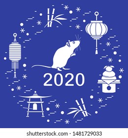 Happy new year. Vector illustration with 2020 year numbers, rat, lanterns, bell, mochi, bamboo, orange. Rat zodiac sign, symbol of 2020 on the Chinese calendar. Year of the rat. Chinese horoscope.