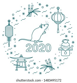 Happy new year. Vector illustration with 2020 year numbers, rat, lanterns, bell, mochi, bamboo, orange. Rat zodiac sign, symbol of 2020 on the Chinese calendar. Year of the rat. Chinese horoscope.