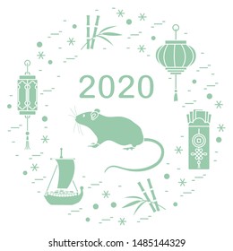 Happy new year. Vector illustration with 2020 year numbers, rat, lanterns, envelopes of money, bamboo, treasure ship, coin for luck. Rat zodiac sign, symbol of 2020 new year. Year of the rat, mouse