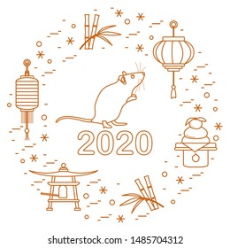 Happy new year. Vector illustration with 2020 year numbers, rat, lanterns, bell, mochi, bamboo, orange. Rat zodiac sign, symbol of 2020 on the Chinese calendar. Year of the rat. Chinese horoscope.