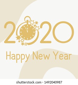 Happy new year. Vector illustration with 2020 year numbers, clock and stars. New year background. Design for postcard, banner, print.