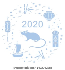 Happy new year. Vector illustration with 2020 year numbers, rat, lanterns, envelopes of money, bamboo, treasure ship, coin for luck. Rat zodiac sign, symbol of 2020 new year. Year of the rat, mouse