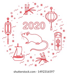 Happy new year. Vector illustration with 2020 year numbers, rat, lanterns, envelopes of money, bamboo, treasure ship, coin for luck. Rat zodiac sign, symbol of 2020 new year. Year of the rat, mouse