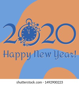 Happy new year. Vector illustration with 2020 year numbers, clock and stars. New year background. Design for postcard, banner, print.