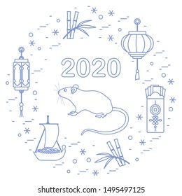 Happy new year. Vector illustration with 2020 year numbers, rat, lanterns, envelopes of money, bamboo, treasure ship, coin for luck. Rat zodiac sign, symbol of 2020 new year. Year of the rat, mouse