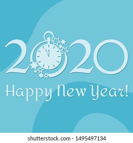 Happy new year. Vector illustration with 2020 year numbers, clock and stars. New year background. Design for postcard, banner, print.