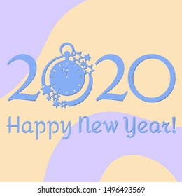 Happy new year. Vector illustration with 2020 year numbers, clock and stars. New year background. Design for postcard, banner, print.