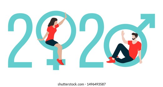 Happy new year vector illustration with 2020 year numbers, gender signs, seated man and woman waving each other in greeting. Design for web page, presentation, print.