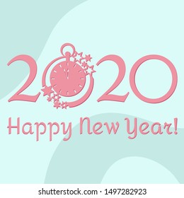 Happy new year. Vector illustration with 2020 year numbers, clock and stars. New year background. Design for postcard, banner, print.