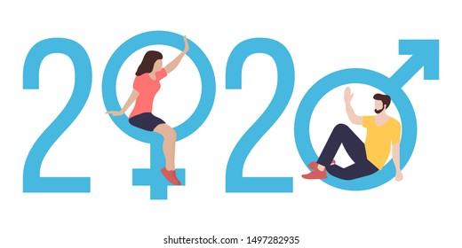 Happy new year vector illustration with 2020 year numbers, gender signs, seated man and woman waving each other in greeting. Design for web page, presentation, print.