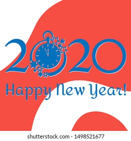 Happy new year. Vector illustration with 2020 year numbers, clock and stars. New year background. Design for postcard, banner, print.