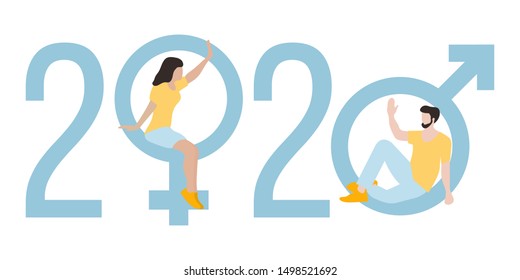 Happy new year vector illustration with 2020 year numbers, gender signs, seated man and woman waving each other in greeting. Design for web page, presentation, print.