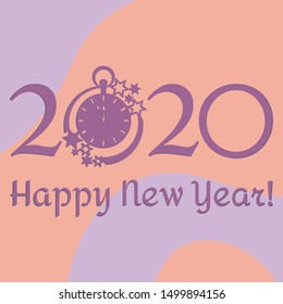 Happy new year. Vector illustration with 2020 year numbers, clock and stars. New year background. Design for postcard, banner, print.