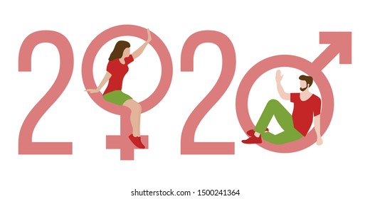 Happy new year vector illustration with 2020 year numbers, gender signs, seated man and woman waving each other in greeting. Design for web page, presentation, print.