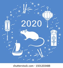 Happy new year. Vector illustration with 2020 year numbers, rat, lanterns, envelopes of money, bamboo, treasure ship, coin for luck. Rat zodiac sign, symbol of 2020 new year. Year of the rat, mouse