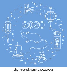 Happy new year. Vector illustration with 2020 year numbers, rat, lanterns, envelopes of money, bamboo, treasure ship, coin for luck. Rat zodiac sign, symbol of 2020 new year. Year of the rat, mouse