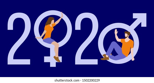 Happy new year vector illustration with 2020 year numbers, gender signs, seated man and woman waving each other in greeting. Design for web page, presentation, print.