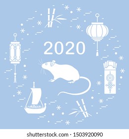Happy new year. Vector illustration with 2020 year numbers, rat, lanterns, envelopes of money, bamboo, treasure ship, coin for luck. Rat zodiac sign, symbol of 2020 new year. Year of the rat, mouse