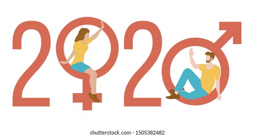 Happy new year vector illustration with 2020 year numbers, gender signs, seated man and woman waving each other in greeting. Design for web page, presentation, print.