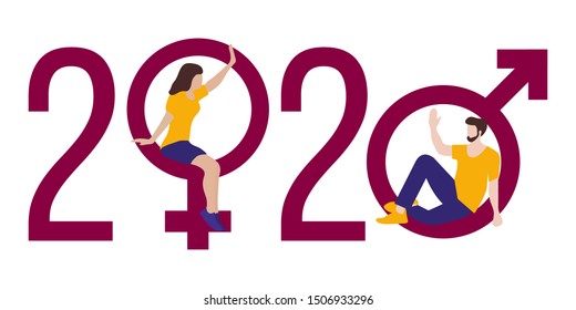 Happy new year vector illustration with 2020 year numbers, gender signs, seated man and woman waving each other in greeting. Design for web page, presentation, print.