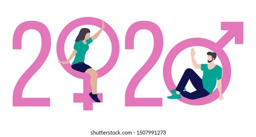 Happy new year vector illustration with 2020 year numbers, gender signs, seated man and woman waving each other in greeting. Design for web page, presentation, print.