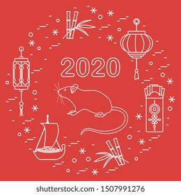 Happy new year. Vector illustration with 2020 year numbers, rat, lanterns, envelopes of money, bamboo, treasure ship, coin for luck. Rat zodiac sign, symbol of 2020 new year. Year of the rat, mouse