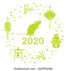 Happy new year. Vector illustration with 2020 year numbers, rat, lanterns, bell, mochi, bamboo, orange. Rat zodiac sign, symbol of 2020 on the Chinese calendar. Year of the rat. Chinese horoscope.