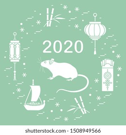 Happy new year. Vector illustration with 2020 year numbers, rat, lanterns, envelopes of money, bamboo, treasure ship, coin for luck. Rat zodiac sign, symbol of 2020 new year. Year of the rat, mouse