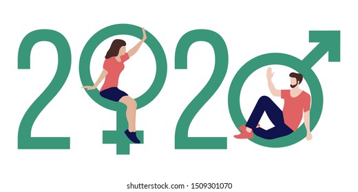 Happy new year vector illustration with 2020 year numbers, gender signs, seated man and woman waving each other in greeting. Design for web page, presentation, print.