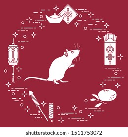 Happy new year. Vector illustration with rat, chinese lantern, tangerine, envelope, fireworks, ingot. Holiday traditions, symbols Chinese New Year celebration. Rat zodiac sign, symbol of 2020 year