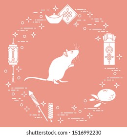 Happy new year. Vector illustration with rat, chinese lantern, tangerine, envelope, fireworks, ingot. Holiday traditions, symbols Chinese New Year celebration. Rat zodiac sign, symbol of 2020 year