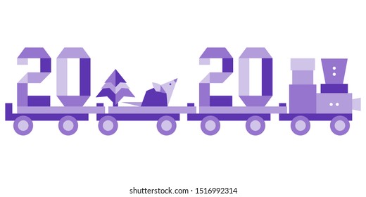 Happy new year. Vector illustration with origami 2020 year numbers, rat on a toy train. Rat zodiac sign, symbol of 2020 on the Chinese calendar. Year of the rat. Chinese horoscope. Festive background