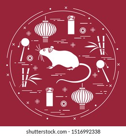 Happy new year. Vector illustration rat, bamboo, Chinese lantern, coin for luck, envelope, rattle drum. Holiday traditions, symbols Chinese New Year celebration. Rat zodiac sign, symbol of 2020 year